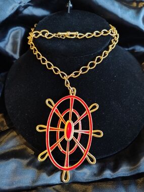 Bold Gold-Tone Pendant Necklace with Gorgeous Red Enamel Ship's Wheel